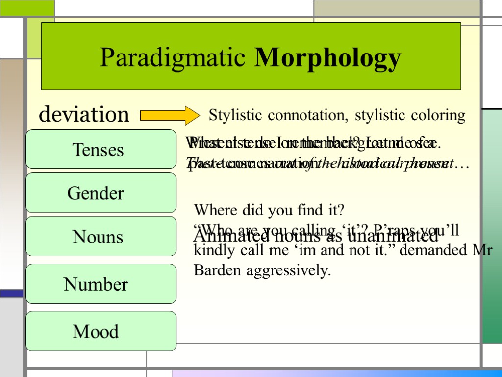 Paradigmatic Morphology deviation Stylistic connotation, stylistic coloring Tenses Gender Nouns Number Mood Present tense